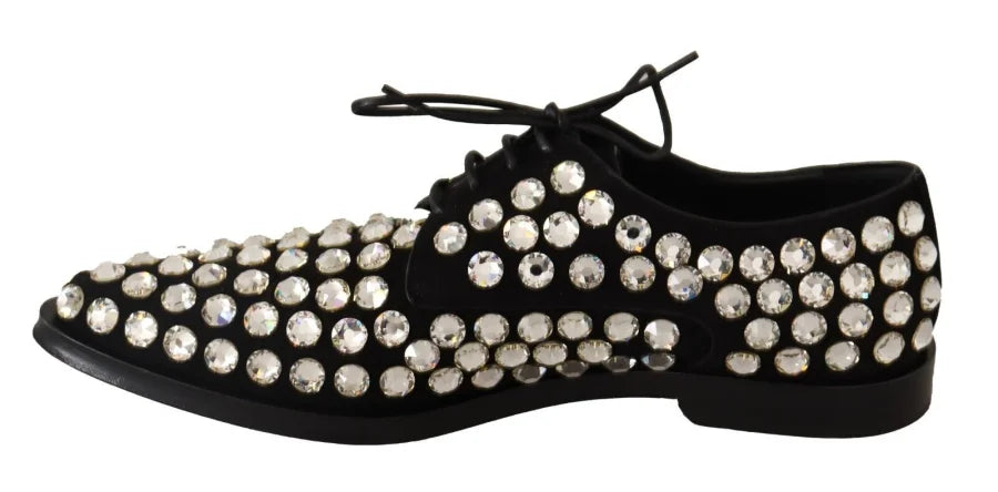Dolce &amp; Gabbana Black Leather Crystals Lace Up Formal Shoes