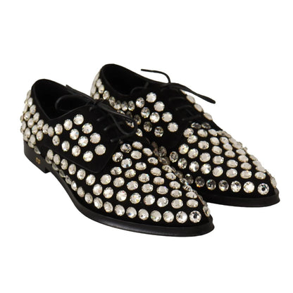 Dolce & Gabbana Black Leather Crystals Lace Up Formal Shoes