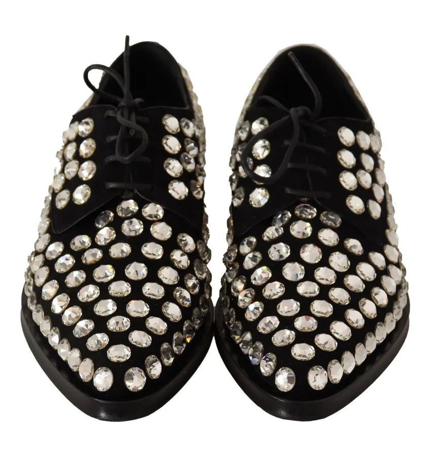 Dolce &amp; Gabbana Black Leather Crystals Lace Up Formal Shoes