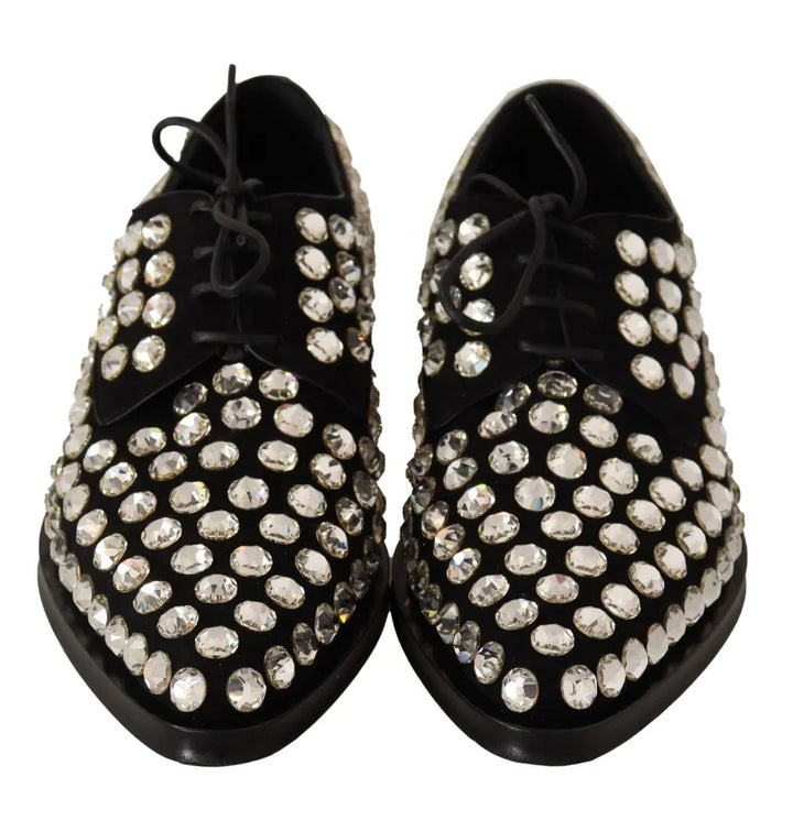 Dolce &amp; Gabbana Black Leather Crystals Lace Up Formal Shoes