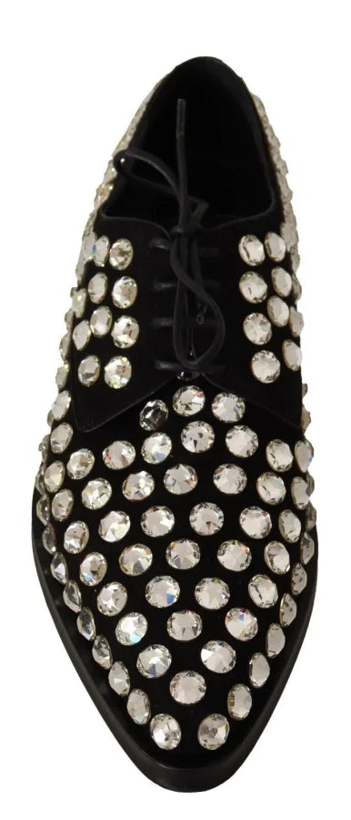 Dolce &amp; Gabbana Black Leather Crystals Lace Up Formal Shoes