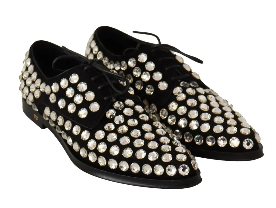 Dolce &amp; Gabbana Black Leather Crystals Lace Up Formal Shoes