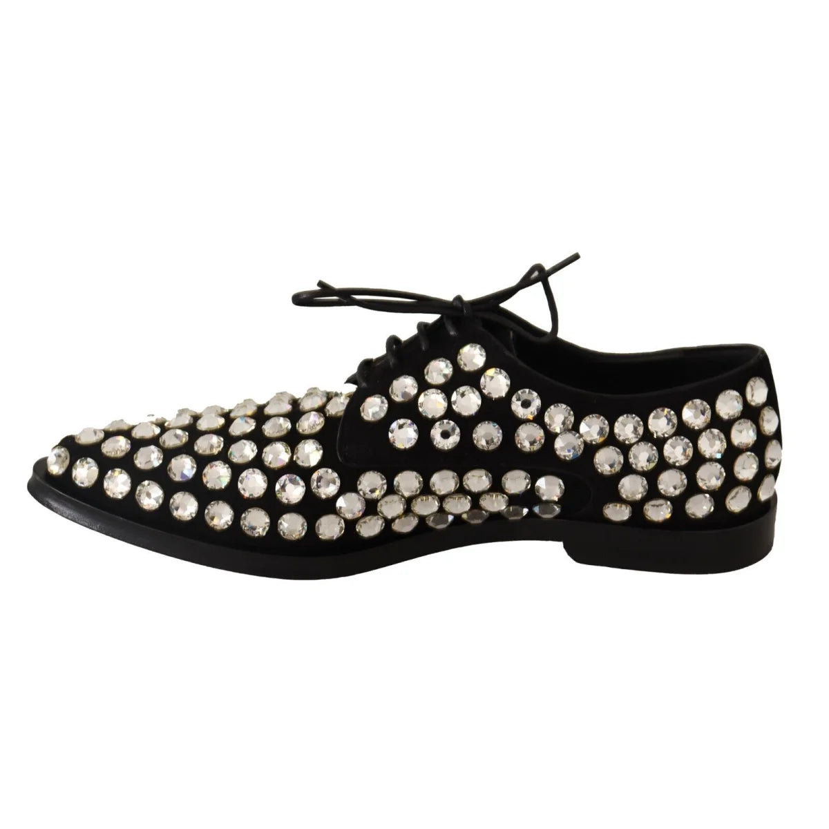 Dolce & Gabbana Black Leather Crystals Lace Up Formal Shoes