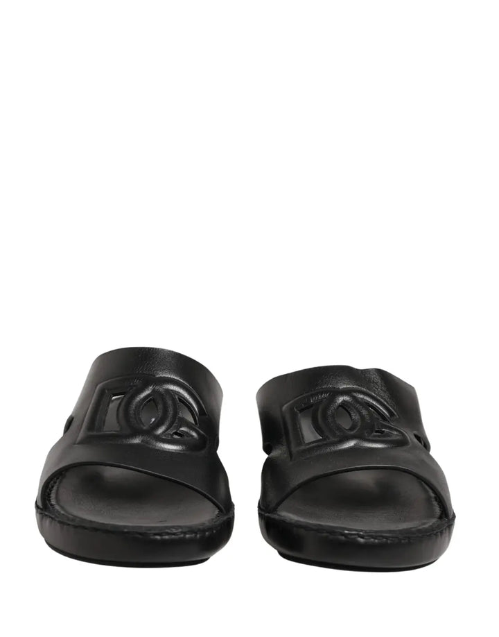 Dolce &amp; Gabbana Black Leather Cutout DG Logo Sandals Shoes