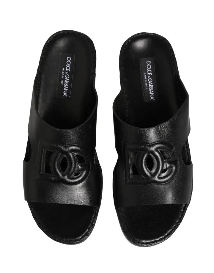 Dolce &amp; Gabbana Black Leather Cutout DG Logo Sandals Shoes