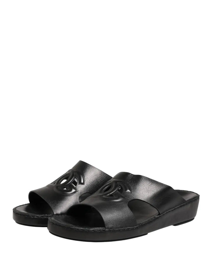Dolce &amp; Gabbana Black Leather Cutout DG Logo Sandals Shoes