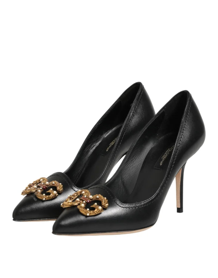 Dolce &amp; Gabbana Black Leather DG Amore Heels Pumps Shoes