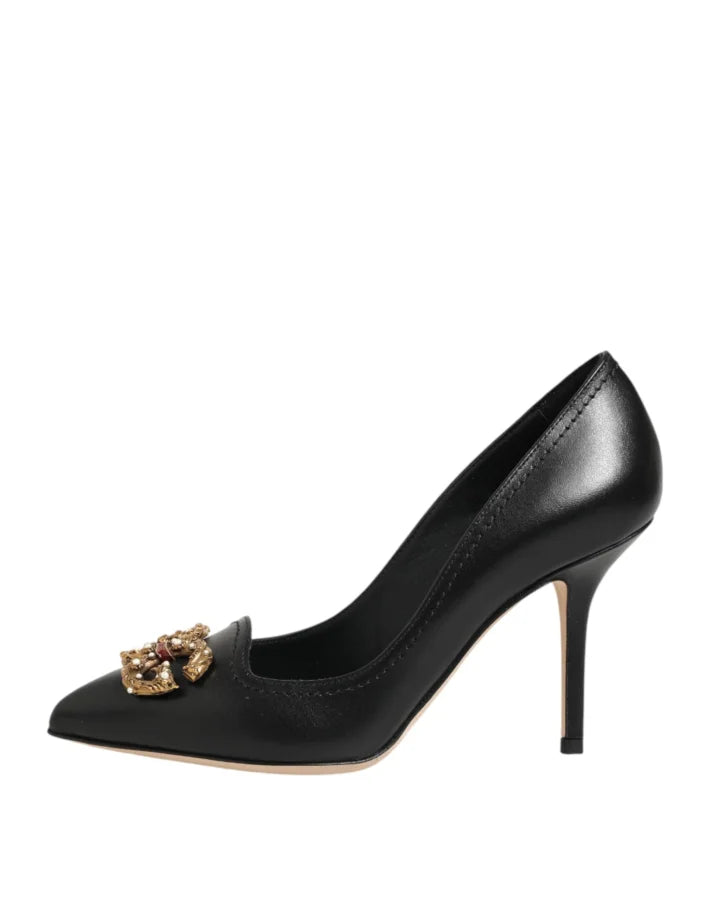 Dolce &amp; Gabbana Black Leather DG Amore Heels Pumps Shoes