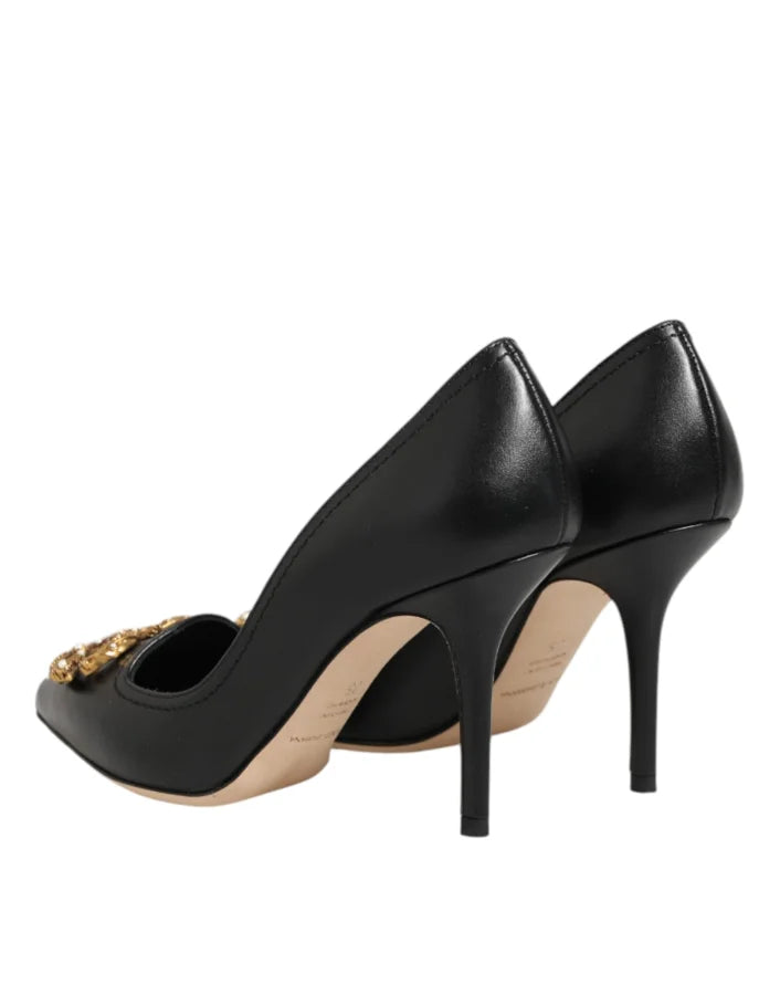 Dolce &amp; Gabbana Black Leather DG Amore Heels Pumps Shoes