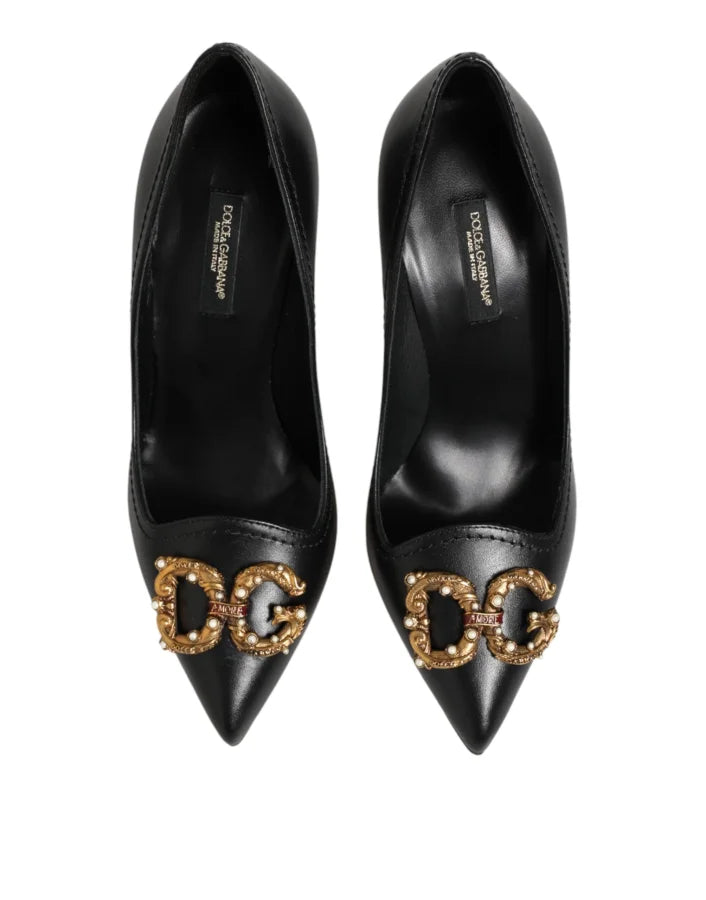 Dolce &amp; Gabbana Black Leather DG Amore Heels Pumps Shoes