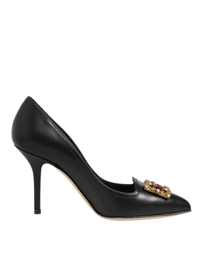 Dolce &amp; Gabbana Black Leather DG Amore Heels Pumps Shoes
