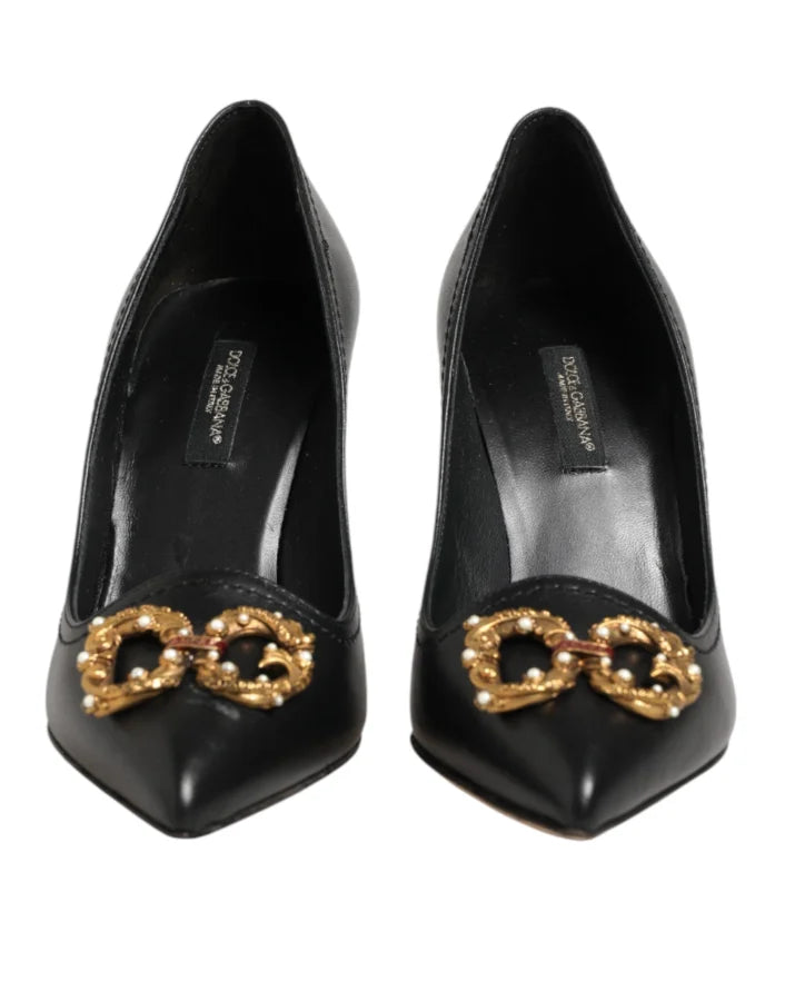 Dolce &amp; Gabbana Black Leather DG Amore Heels Pumps Shoes