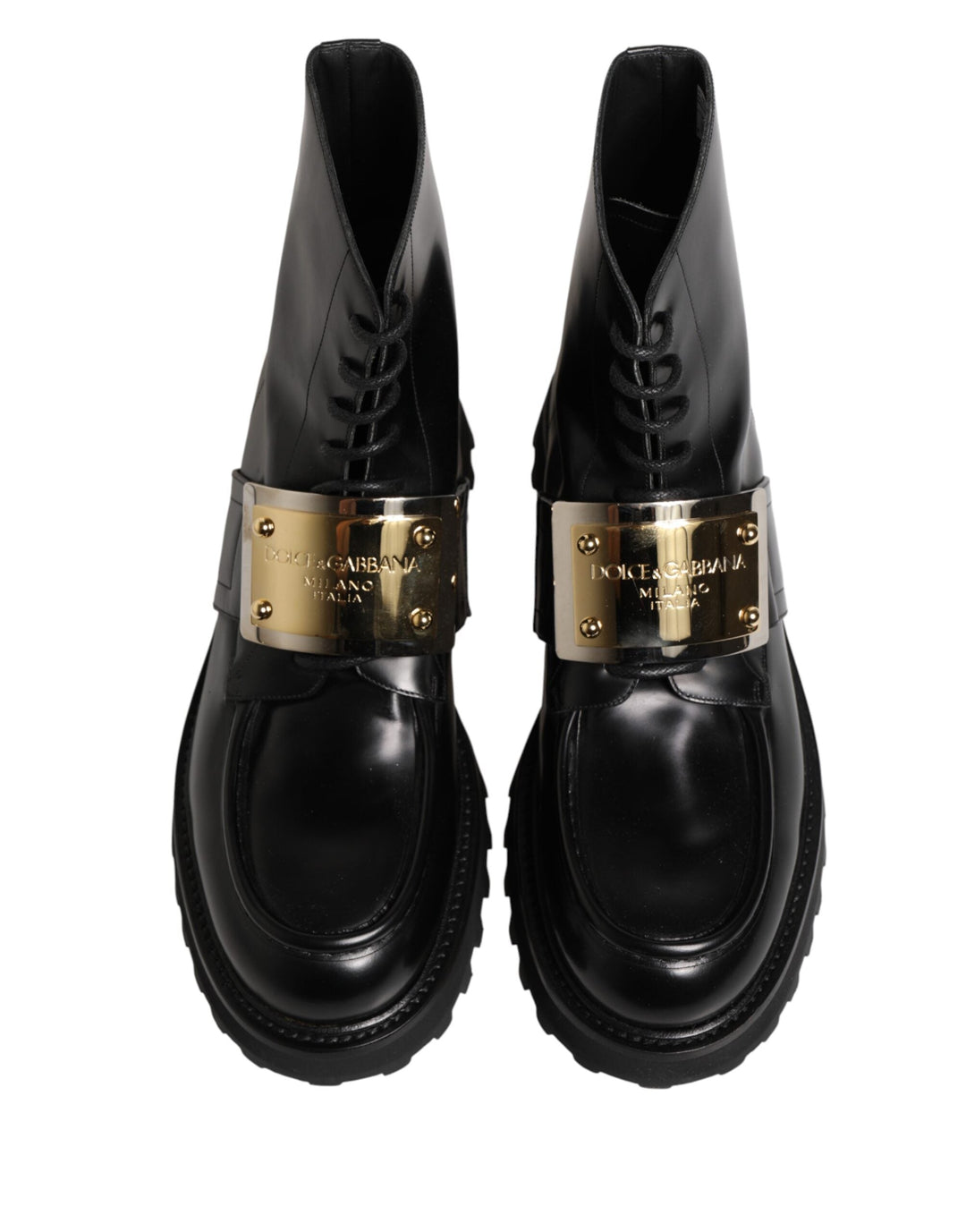 Dolce &amp; Gabbana Black Leather Dg Plaque Lace Up Boots Shoes