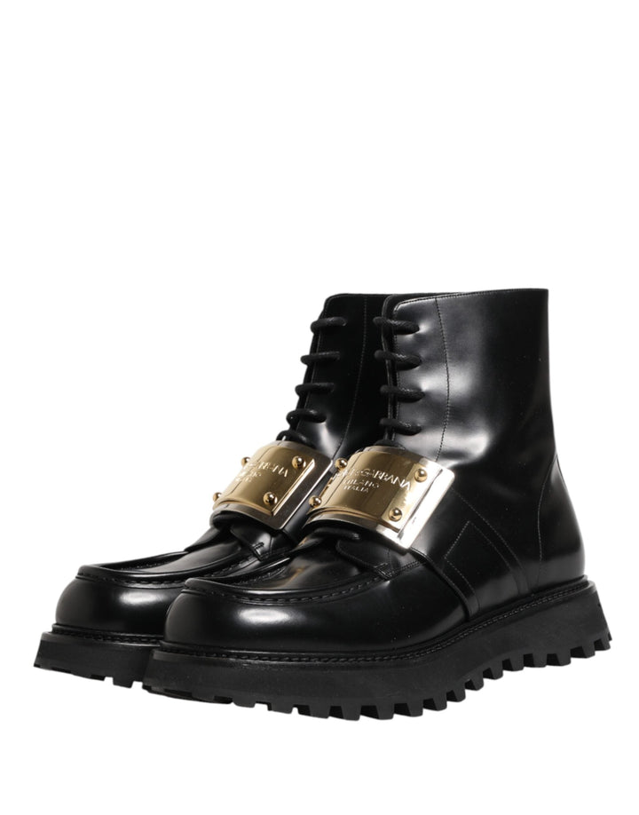 Dolce &amp; Gabbana Black Leather Dg Plaque Lace Up Boots Shoes