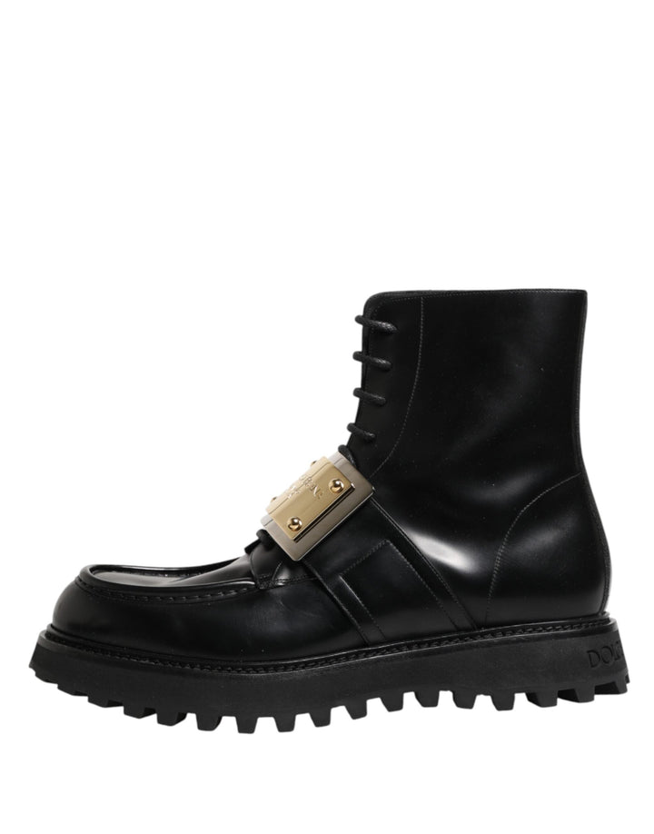 Dolce &amp; Gabbana Black Leather Dg Plaque Lace Up Boots Shoes