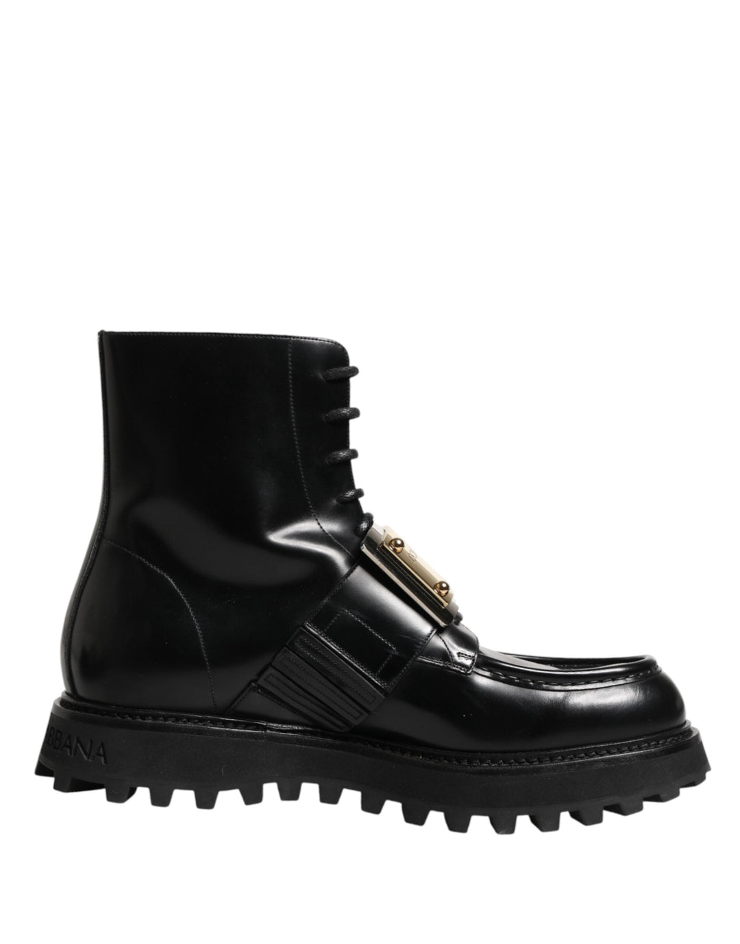 Dolce &amp; Gabbana Black Leather Dg Plaque Lace Up Boots Shoes