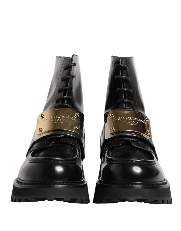 Dolce &amp; Gabbana Black Leather Dg Plaque Lace Up Boots Shoes