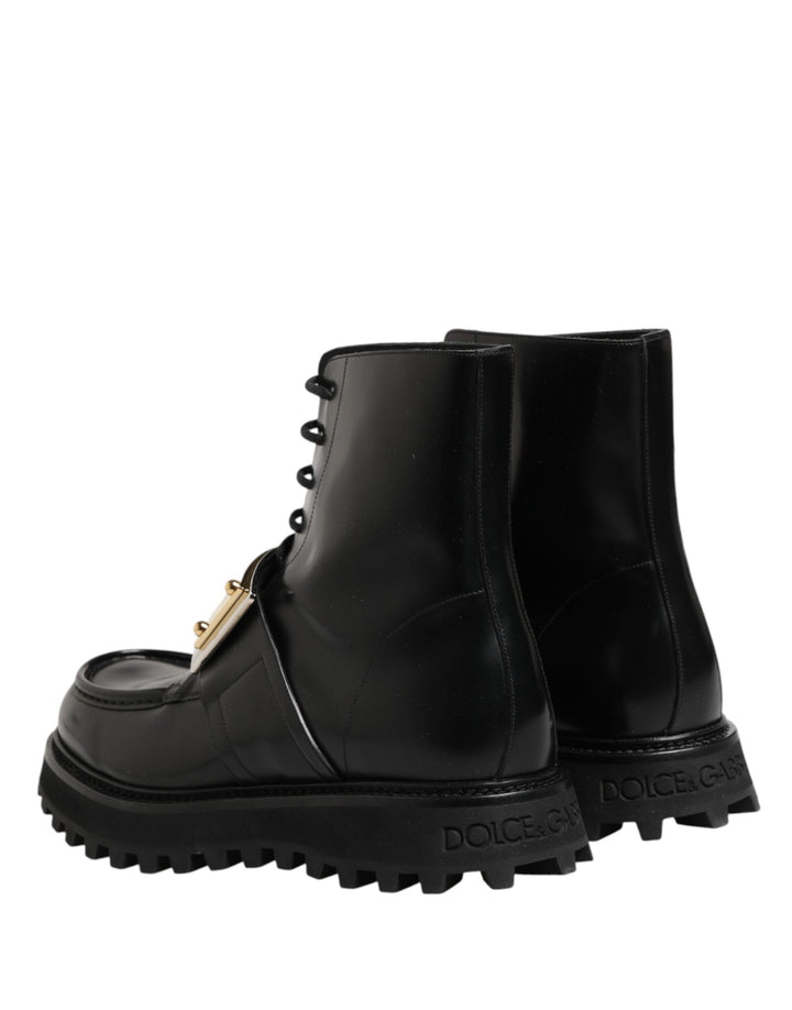 Dolce &amp; Gabbana Black Leather Dg Plaque Lace Up Boots Shoes