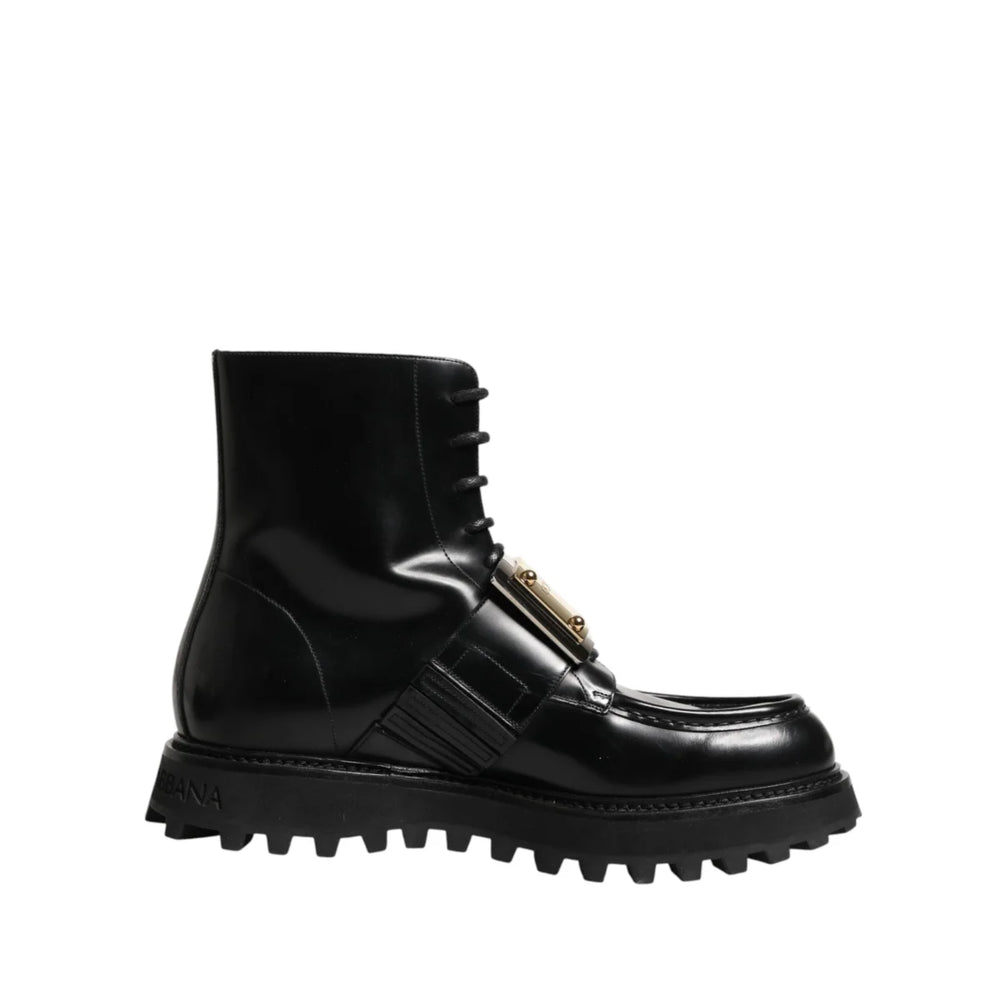 Dolce & Gabbana Black Leather DG Plaque Lace Up Boots Shoes