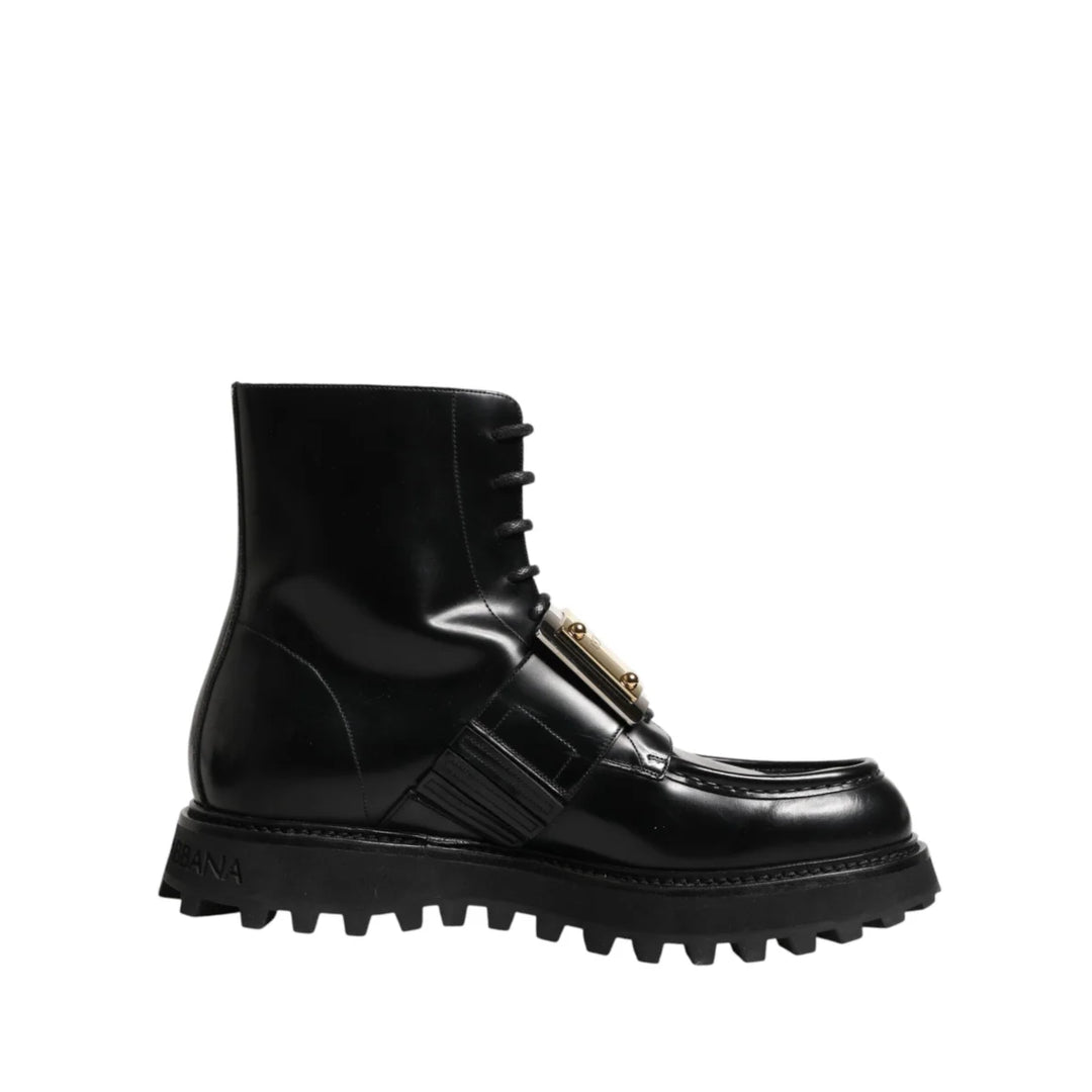 Dolce &amp; Gabbana Black Leather DG Plaque Lace Up Boots Shoes