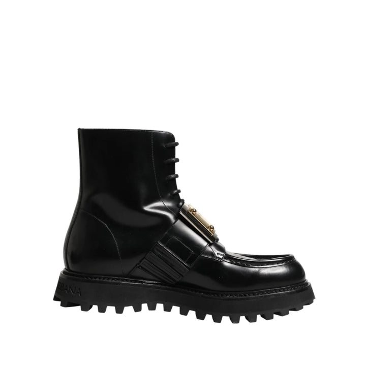 Dolce &amp; Gabbana Black Leather DG Plaque Lace Up Boots Shoes