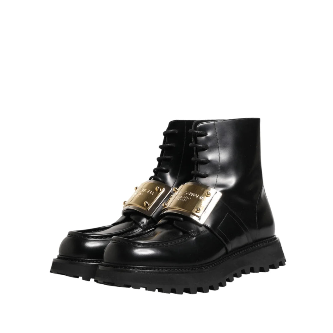 Dolce &amp; Gabbana Black Leather DG Plaque Lace Up Boots Shoes
