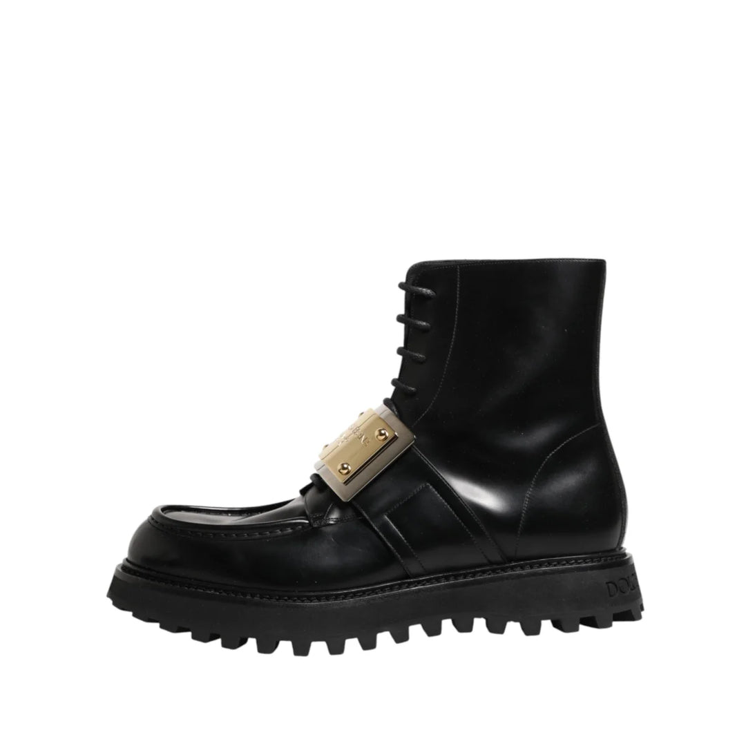 Dolce &amp; Gabbana Black Leather DG Plaque Lace Up Boots Shoes