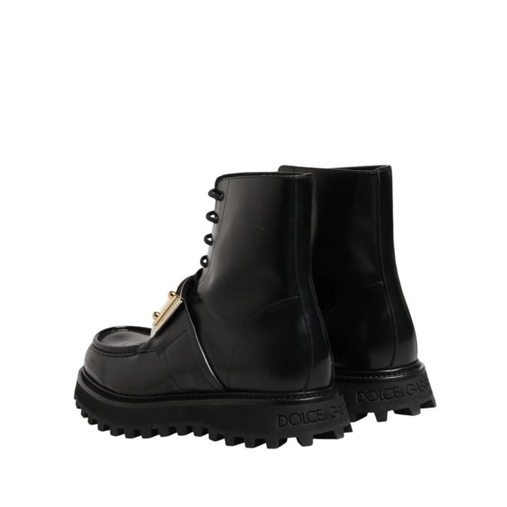 Dolce &amp; Gabbana Black Leather DG Plaque Lace Up Boots Shoes