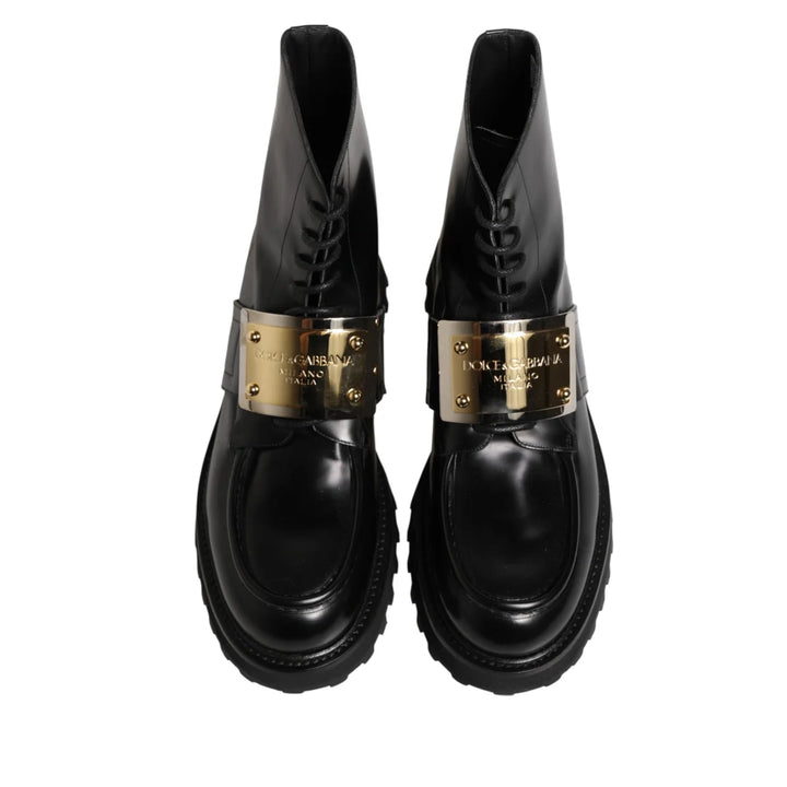 Dolce &amp; Gabbana Black Leather DG Plaque Lace Up Boots Shoes