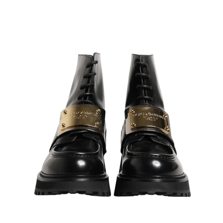 Dolce &amp; Gabbana Black Leather DG Plaque Lace Up Boots Shoes