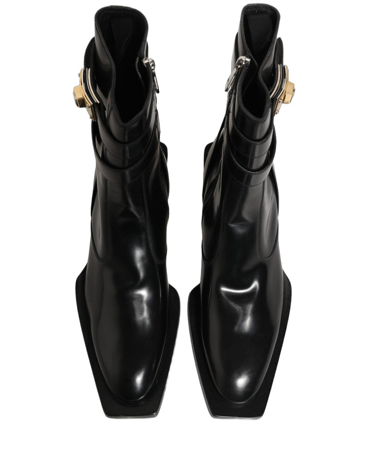 Dolce &amp; Gabbana Black Leather Dg Plaque Mid Calf Boots Shoes