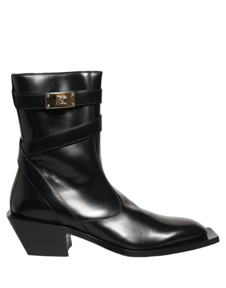 Dolce &amp; Gabbana Black Leather Dg Plaque Mid Calf Boots Shoes