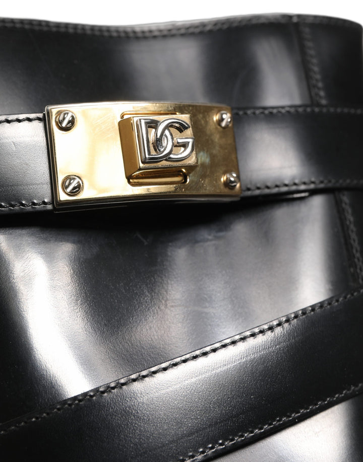 Dolce &amp; Gabbana Black Leather Dg Plaque Mid Calf Boots Shoes