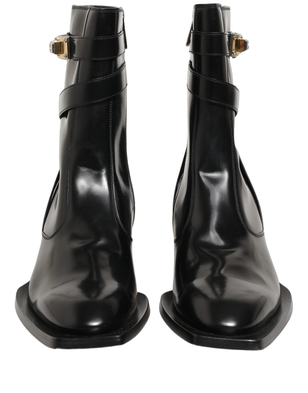 Dolce &amp; Gabbana Black Leather Dg Plaque Mid Calf Boots Shoes