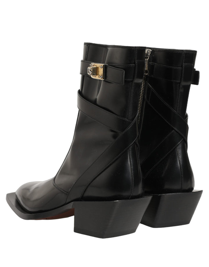 Dolce &amp; Gabbana Black Leather Dg Plaque Mid Calf Boots Shoes