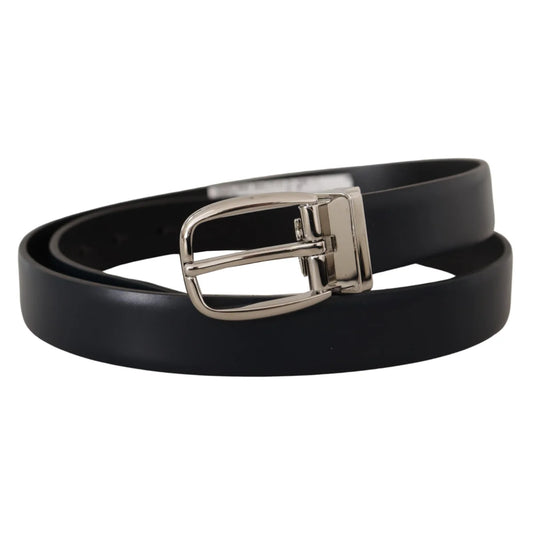 Dolce & Gabbana Black Leather Dress Belt with Silver Tone Buckle
