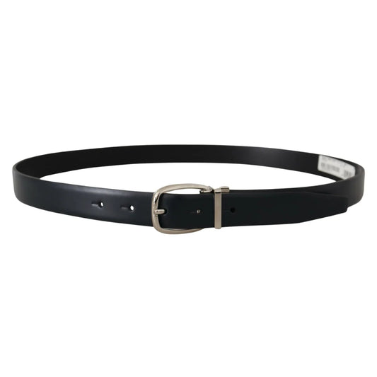 Dolce & Gabbana Black Leather Dress Belt with Silver Tone Buckle