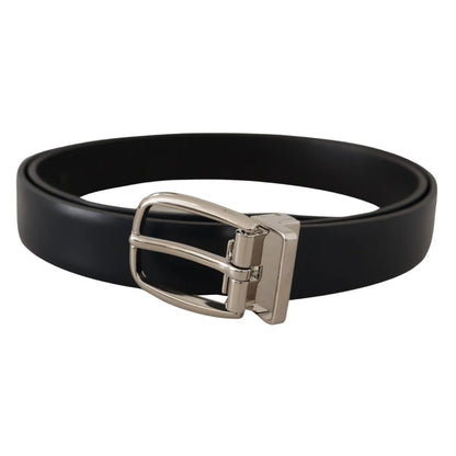 Dolce & Gabbana Black Leather Dress Belt with Silver Tone Buckle