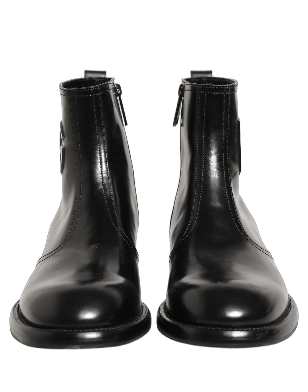 Dolce &amp; Gabbana Black Leather Embossed Logo Ankle Boots Shoes