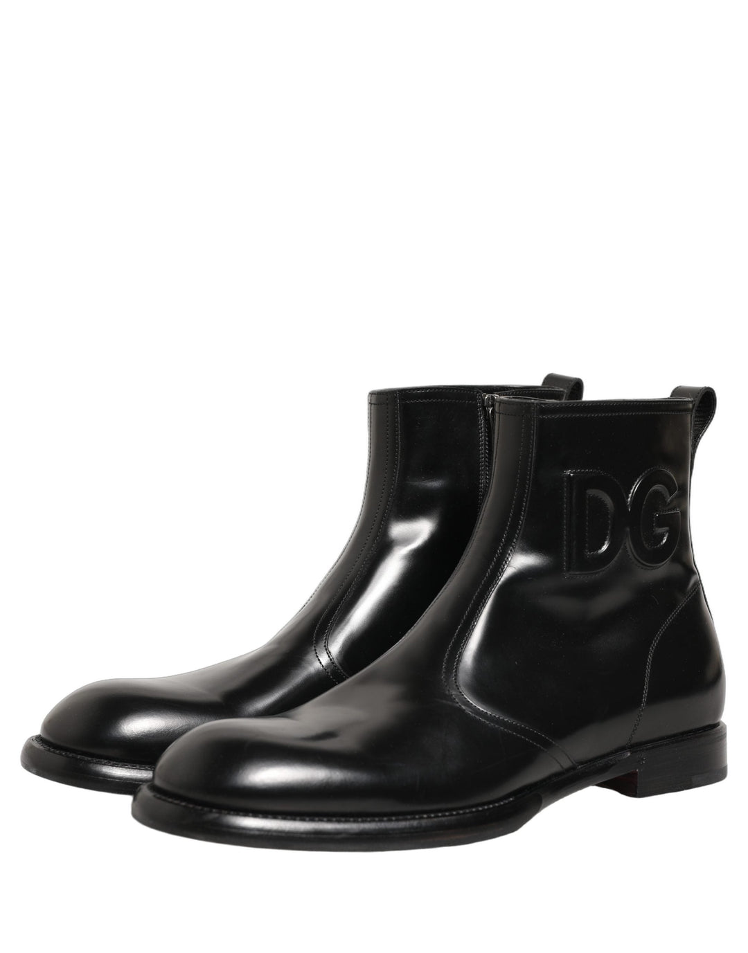 Dolce &amp; Gabbana Black Leather Embossed Logo Ankle Boots Shoes