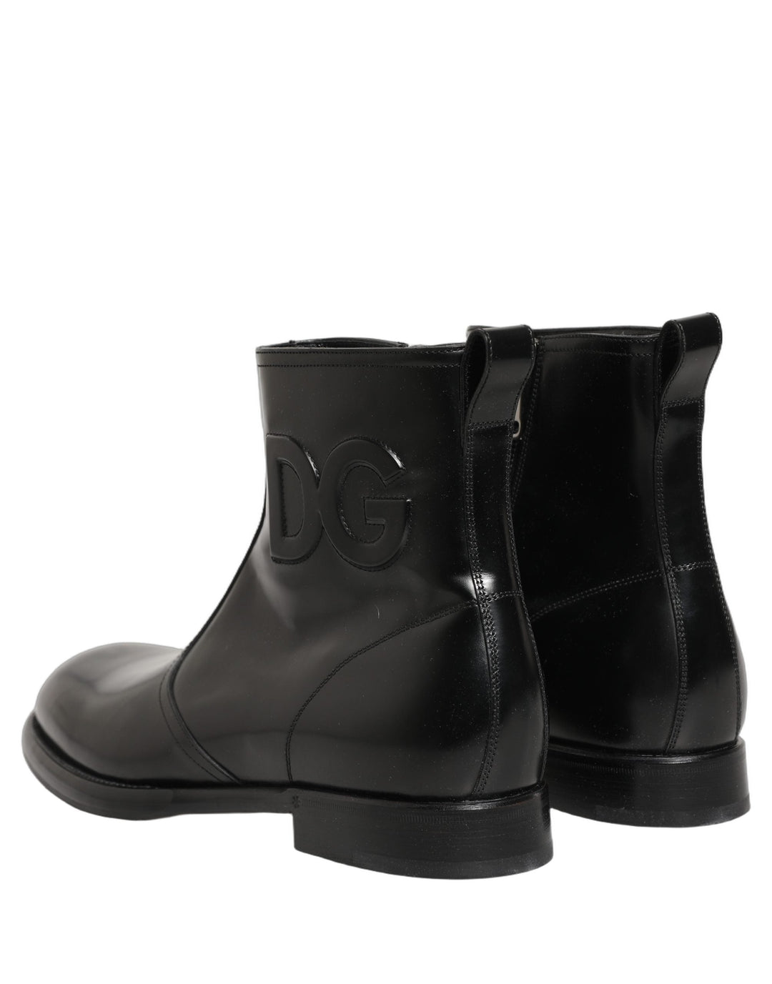 Dolce &amp; Gabbana Black Leather Embossed Logo Ankle Boots Shoes