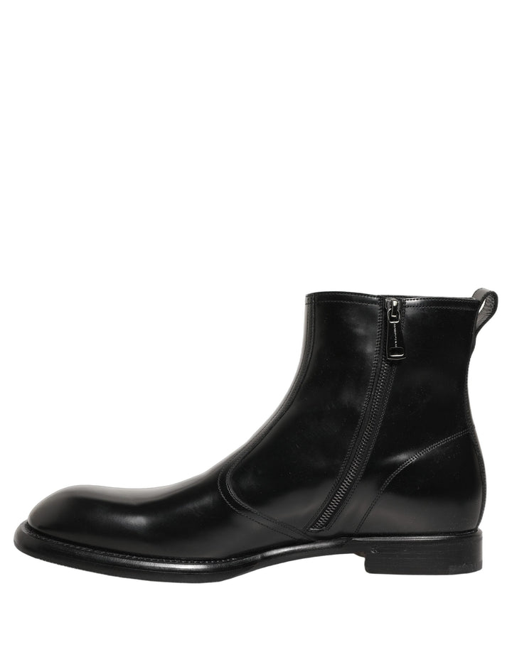 Dolce &amp; Gabbana Black Leather Embossed Logo Ankle Boots Shoes
