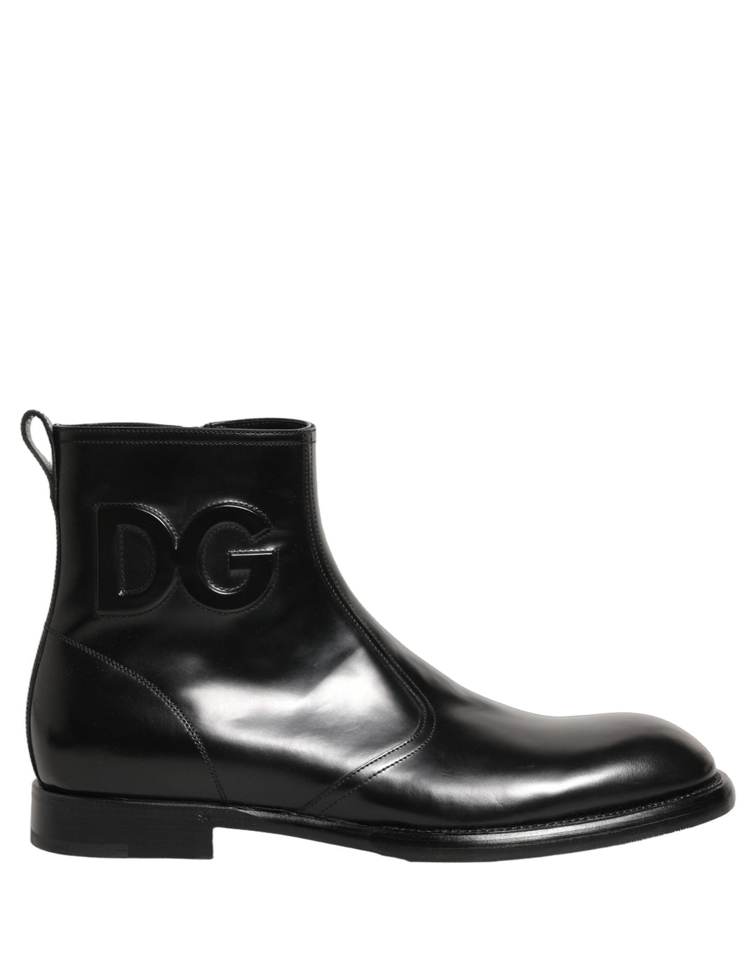 Dolce &amp; Gabbana Black Leather Embossed Logo Ankle Boots Shoes