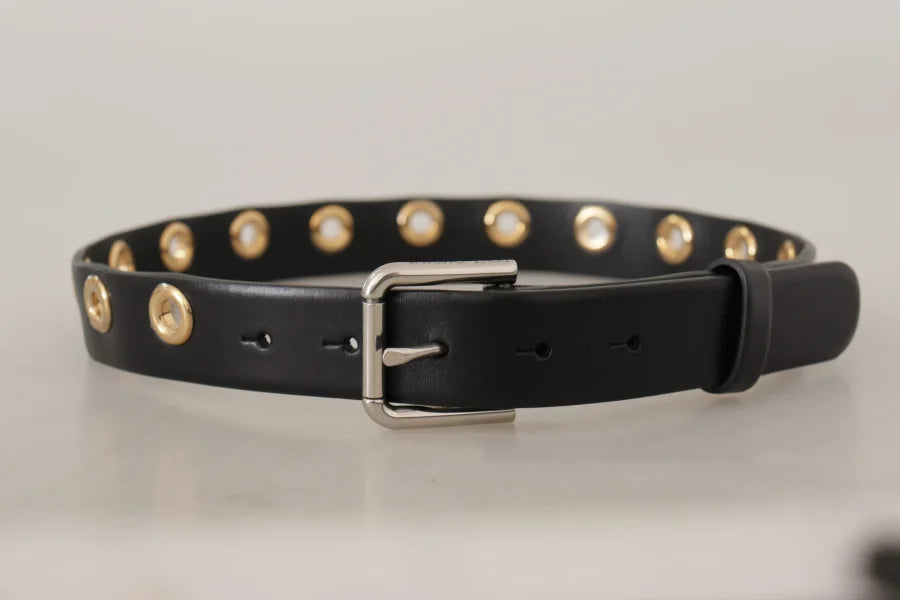Dolce &amp; Gabbana Black Leather Eyelet Silver Tone Metal Buckle Belt