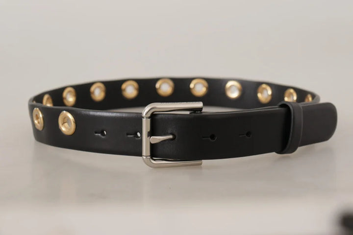 Dolce &amp; Gabbana Black Leather Eyelet Silver Tone Metal Buckle Belt