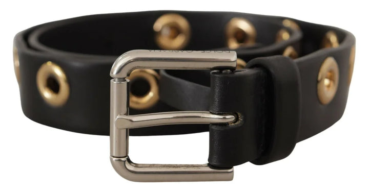 Dolce &amp; Gabbana Black Leather Eyelet Silver Tone Metal Buckle Belt