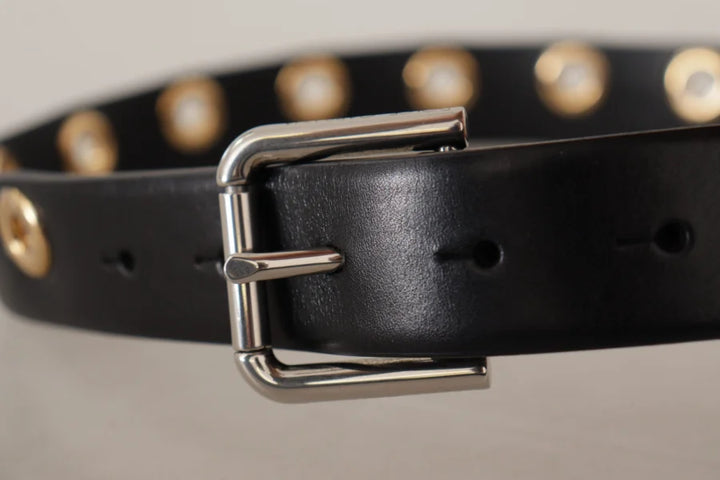 Dolce &amp; Gabbana Black Leather Eyelet Silver Tone Metal Buckle Belt
