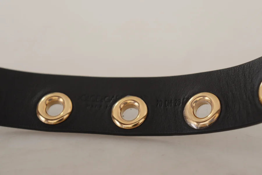 Dolce &amp; Gabbana Black Leather Eyelet Silver Tone Metal Buckle Belt