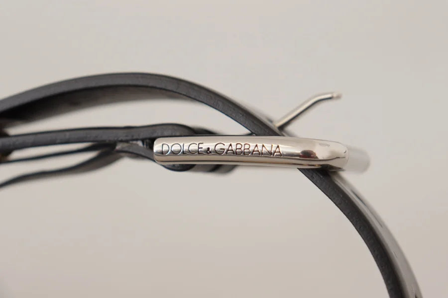 Dolce &amp; Gabbana Black Leather Eyelet Silver Tone Metal Buckle Belt