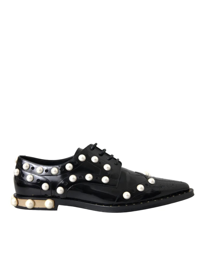 Dolce &amp; Gabbana Black Leather Faux Pearl Dress Brogue Shoes